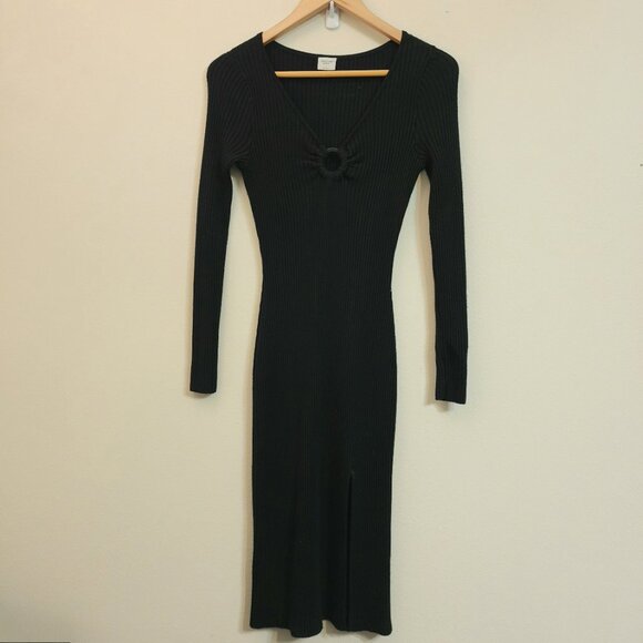 Abercrombie & Fitch O-Ring Midi Sweater Dress Rib Knit V Neck Long Slv Women S - Picture 3 of 13